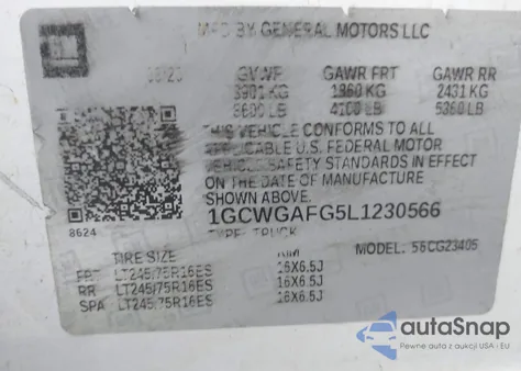 2020 Chevrolet Express Cargo Rwd 2500 Regular Wheelbase Wt z USA, uszkodzony, nr VIN 1GCWGAFG5L1230566